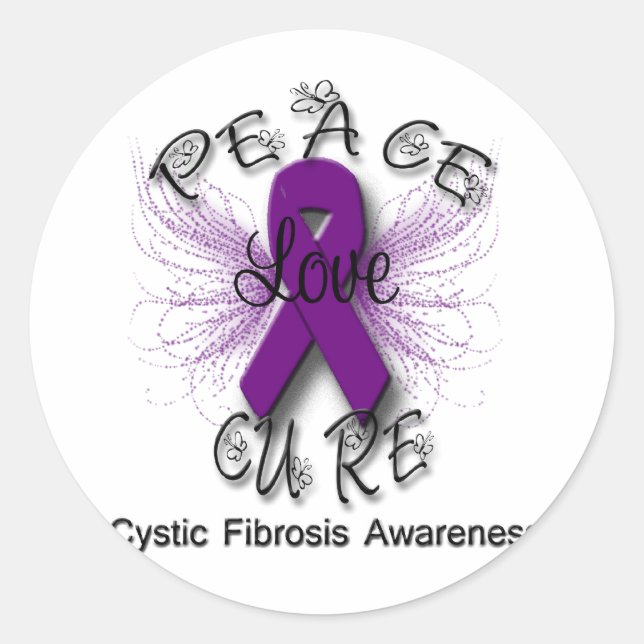 Cystic Fibrosis Peace Love Cure Butterfly 2 Classic Round Sticker (Front)