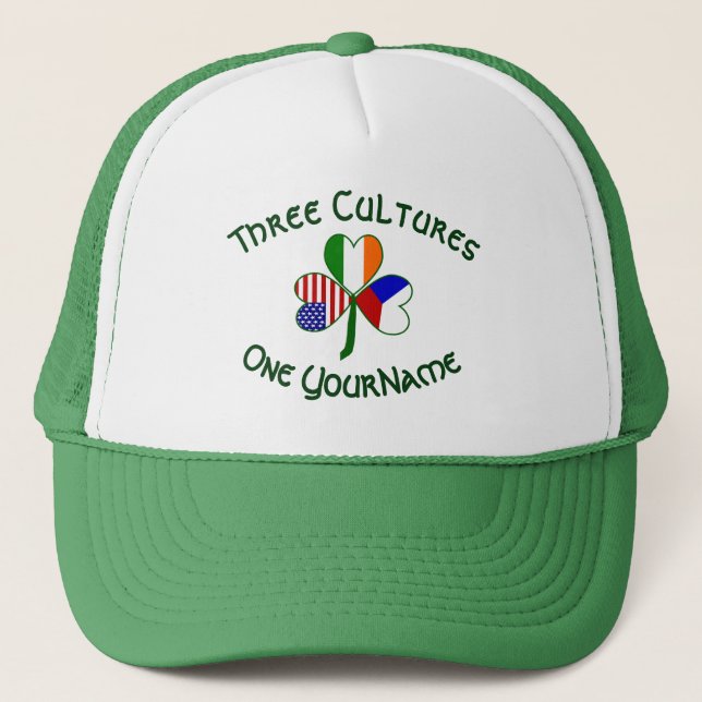 Czech Irish American Flags Shamrock Personalised  Trucker Hat (Front)