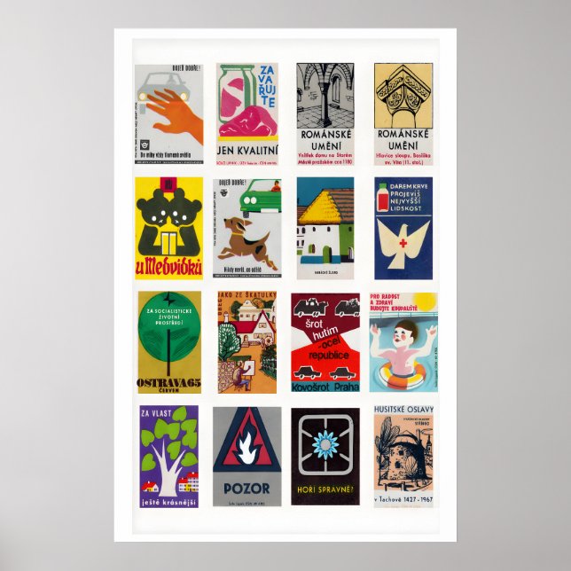 Czech Matchbox Labels Grid Print, Vintage Ephemera Poster (Front)