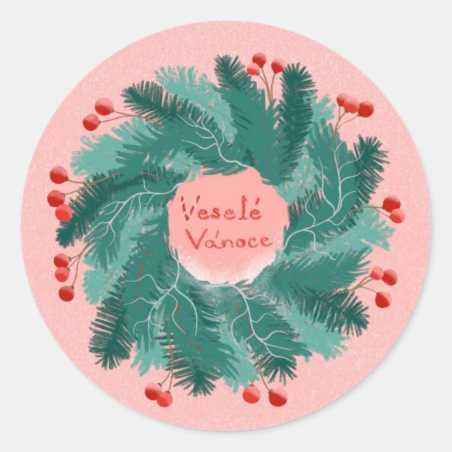 Czech Merry Christmas wreath Classic Round Sticker (Front)