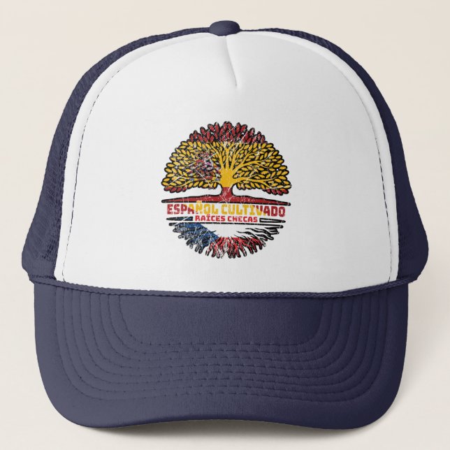 Czech Republic Czech Spain Spanish Tree Roots Flag Trucker Hat (Front)