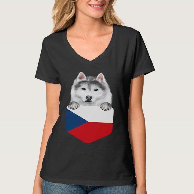 Czech Republic Flag Siberian Husky Dog In Pocket T-Shirt (Front)