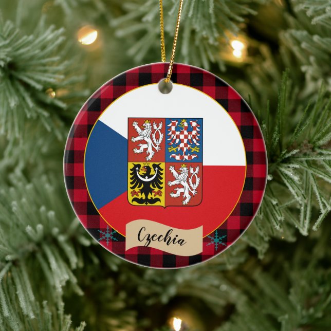 Czech Republic, Red buffalo plaid & Czech Flag Ceramic Tree Decoration (Tree)