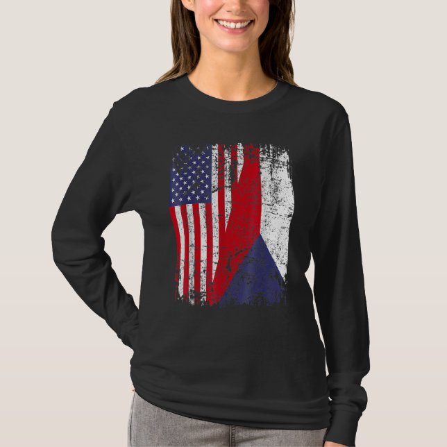 CZECH REPUBLIC ROOTS Half American Flag CZECH T-Shirt (Front)