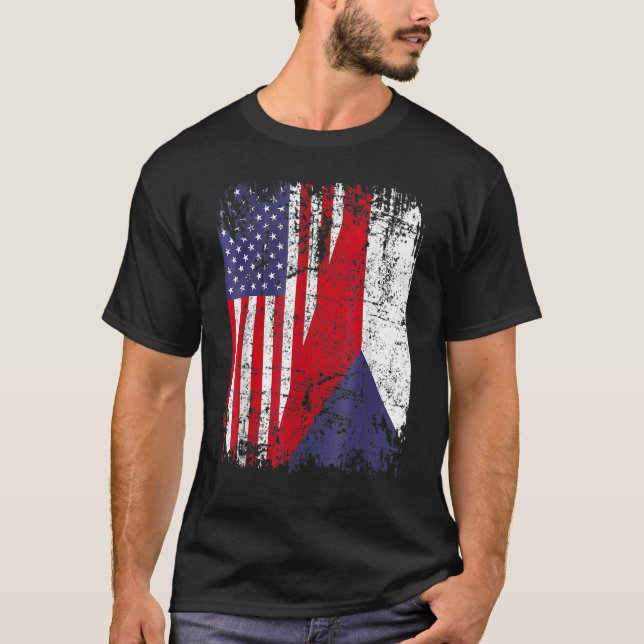CZECH REPUBLIC ROOTS Half American Flag CZECH T-Shirt (Front)