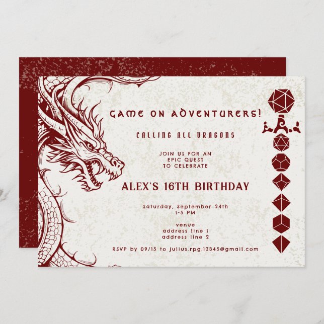 D20 Dice Celtic Dragon DND RPG DM Gamer Birthday Invitation (Front/Back)