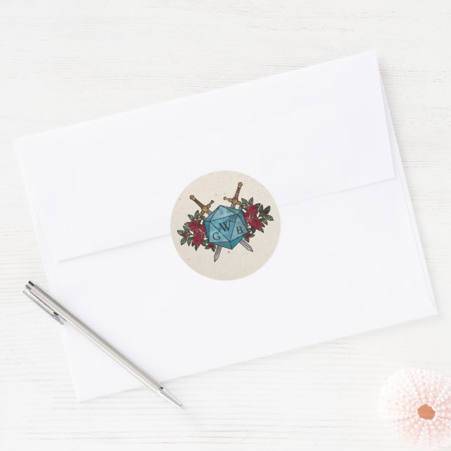 D20 Monogram Red Roses RPG Themed Wedding Classic Round Sticker (Envelope)
