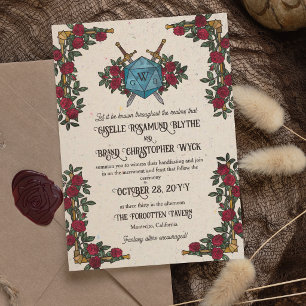 D20 Monogram Red Roses RPG Themed Wedding Invitation