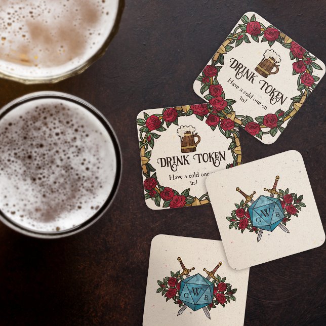 D20 Monogram Rose Wreath RPG Wedding Drink Ticket Enclosure Card (Creator Uploaded)
