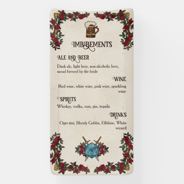 D20 Monogram Roses RPG Wedding Bar Menu Banner (Vertical)