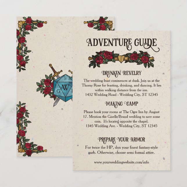 D20 Monogram Roses RPG Wedding Details Enclosure Card (Front/Back)
