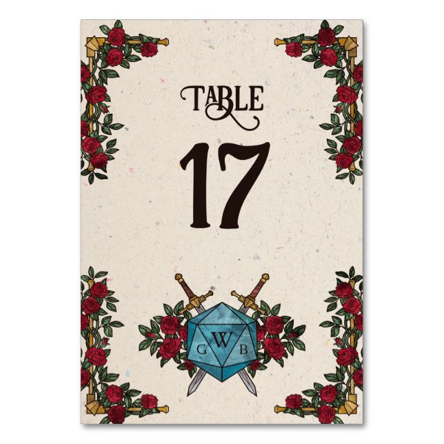 D20 Monogram Roses RPG Wedding Table Number (Front)