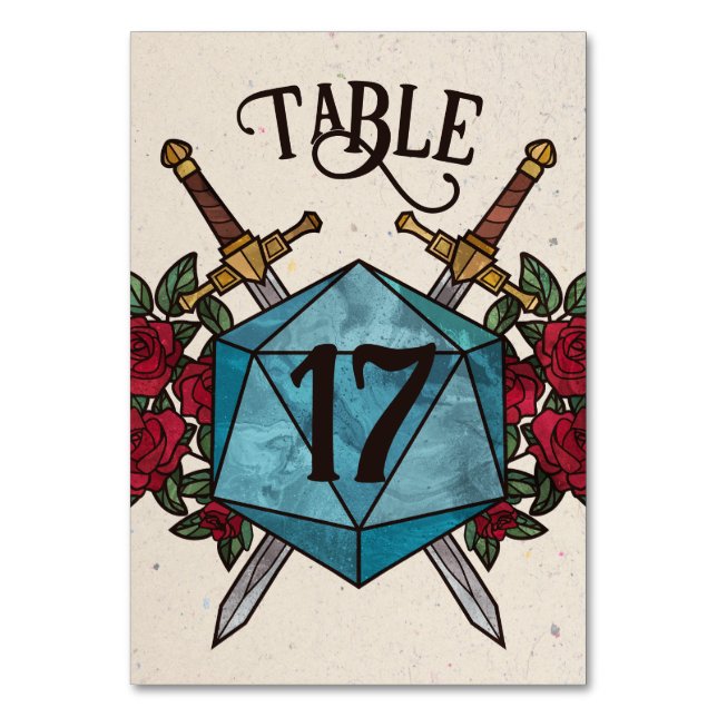 D20 Roses RPG Wedding Table Number (Front)