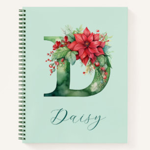 (D) Floral Monogram Green Watercolor Christmas Notebook