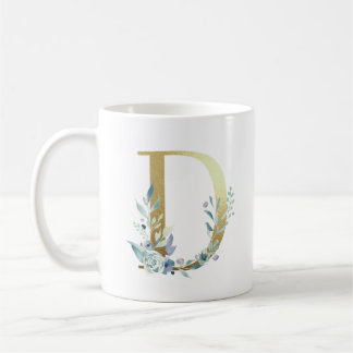 D gold initial with blue floral foliage coffee mug