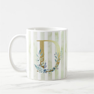 D golden initial on blue and white stripes coffee mug