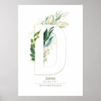 D Letter Monogram Gold Greenery Foliage Chic