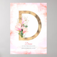 D Letter Monogram Gold Leaves Pink Magnolia Floral