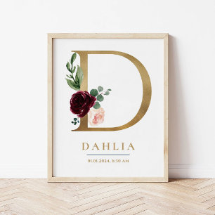 D Letter Monogram Name Marsala Floral Nursery Poster