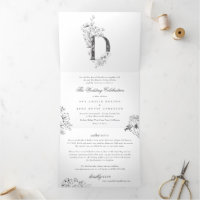 'D' Monogram Beautiful Sketched Floral Wedding
