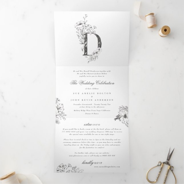 'D' Monogram Beautiful Sketched Floral Wedding Tri-Fold Invitation (Inside)