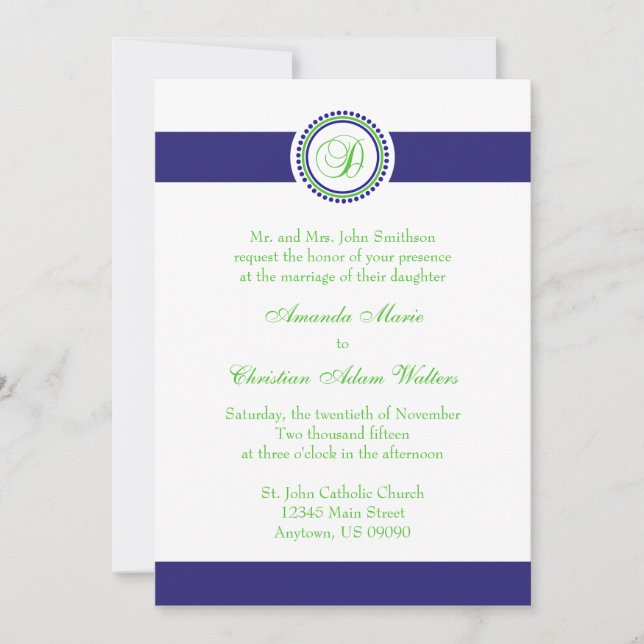 D Monogram Dot Circle Wedding Invitations (Navy) (Front)