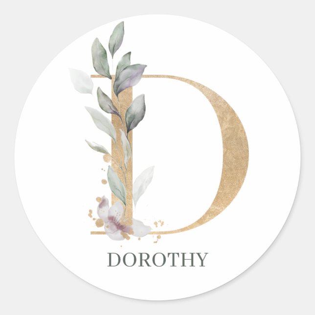D Monogram Floral Personalised Classic Round Sticker (Front)