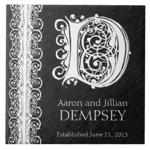 D Monogram "White Lace on Black" Wedding Tile