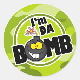 Da Bomb! bright green camo, camouflage Classic Round Sticker