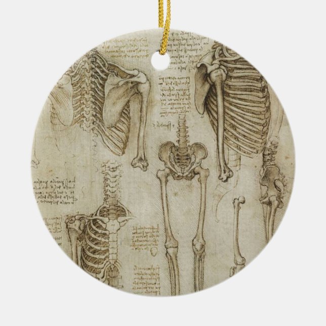 Da Vinci's Human Skeleton Anatomy Sketches Ceramic Tree Decoration (Front)