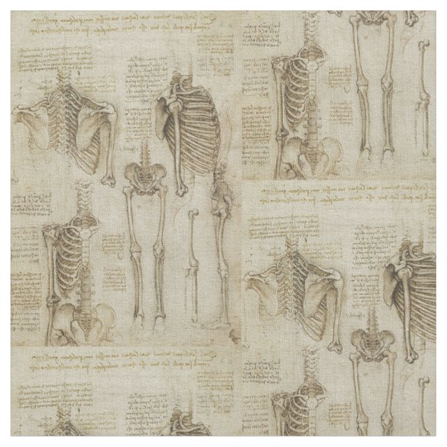 Da Vinci's Human Skeleton Anatomy Sketches Fabric (Close Up)