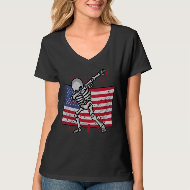 Dab For Freedom Skeleton American Flag 4th Of July T-Shirt (Front)