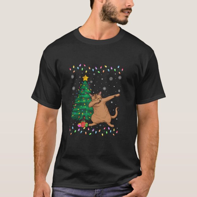 Dabbing Abyssinian Cat Xmas Tree Lights Ugly Chris T-Shirt (Front)