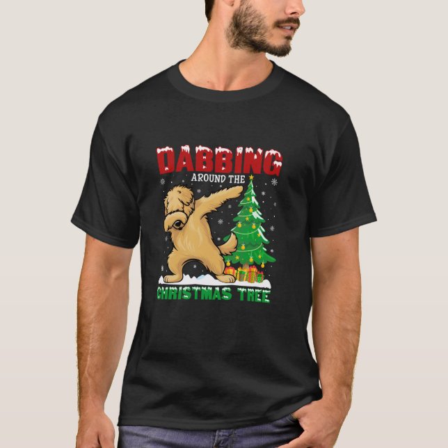 Dabbing Around the Christmas Tree Goldendoodle Dog T-Shirt (Front)