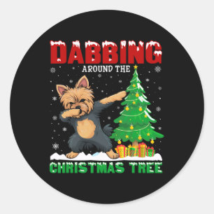 Dabbing Around The Christmas Tree Yorkie Dog Xmas  Classic Round Sticker