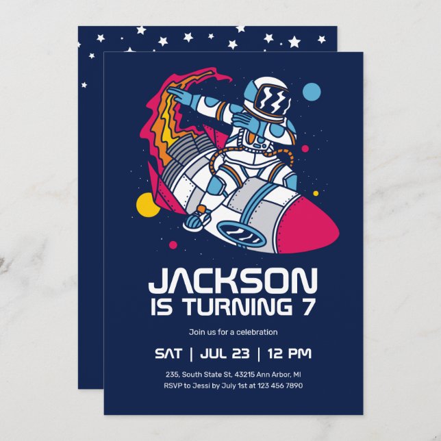 Dabbing Astronaut Outer Space Rocket Kids Birthday Invitation (Front/Back)