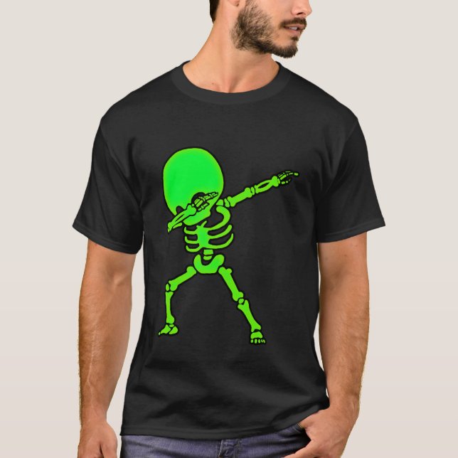 Dabbing Big Head Skeleton Neon Glow Funny T-Shirt (Front)