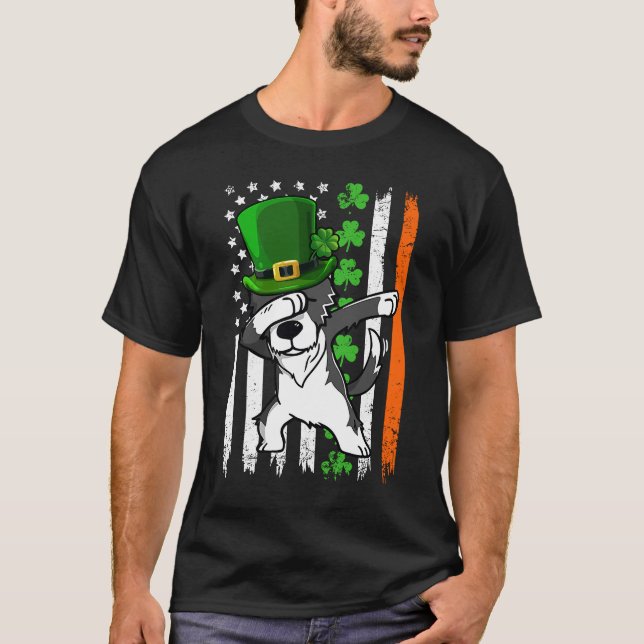 Dabbing Border Collie Leprechaun Hat USA Flag Patr T-Shirt (Front)