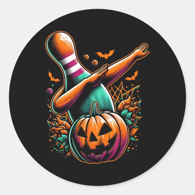 Dabbing Bowling Pin Pumpkin Spooky Halloween Bowli Classic Round Sticker (Front)