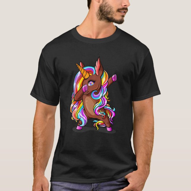 Dabbing Brown Skin Unicorn Cute African American W T-Shirt (Front)