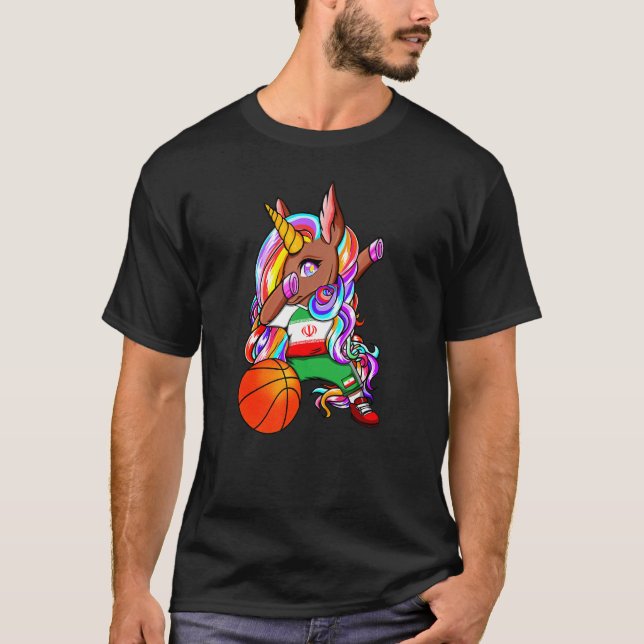 Dabbing Brown Skin Unicorn Iran Basketball Fans Je T-Shirt (Front)
