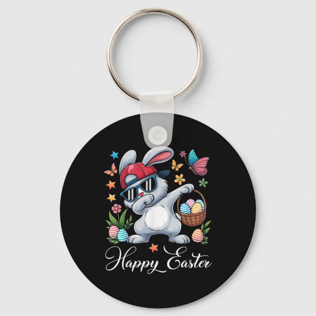 Dabbing Bunny Happy Easter Egg Hunting Toddler Kid Key Ring (Front)