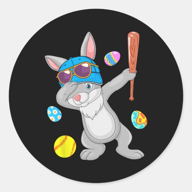 Dabbing Bunny Playing Softball Easter Costume Play Classic Round Sticker (Front)