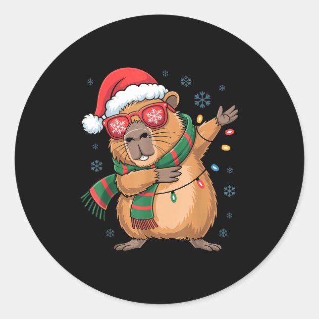 Dabbing Capybara Christmas Santa Hat Funny Holiday Classic Round Sticker (Front)