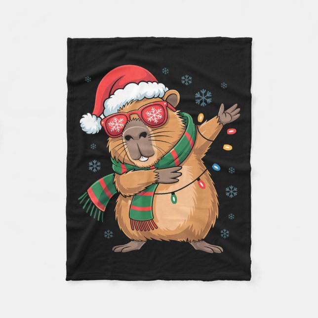 Dabbing Capybara Christmas Santa Hat Funny Holiday Fleece Blanket (Front)