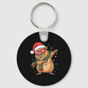 Dabbing Capybara Christmas Santa Hat Funny Holiday Key Ring