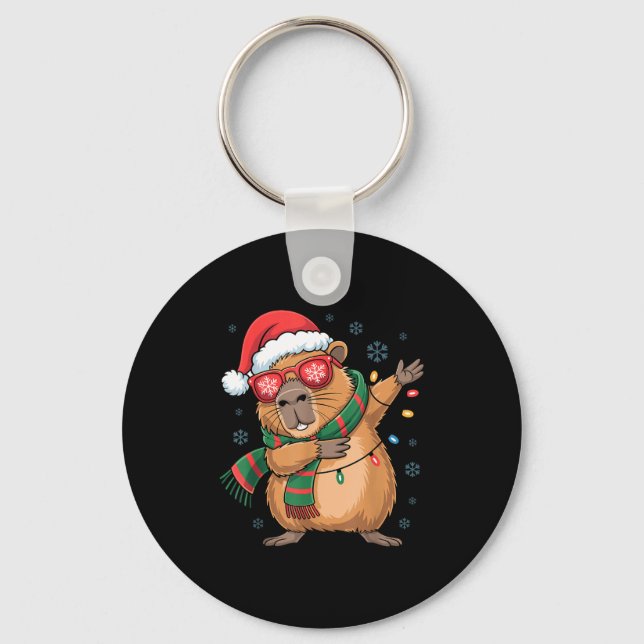 Dabbing Capybara Christmas Santa Hat Funny Holiday Key Ring (Front)
