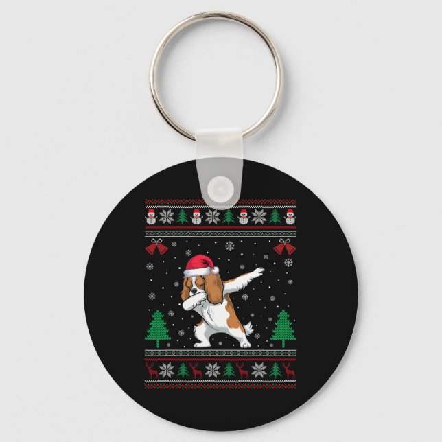 Dabbing Cavalier King Charles Spaniel Dog Santa Ha Key Ring (Front)