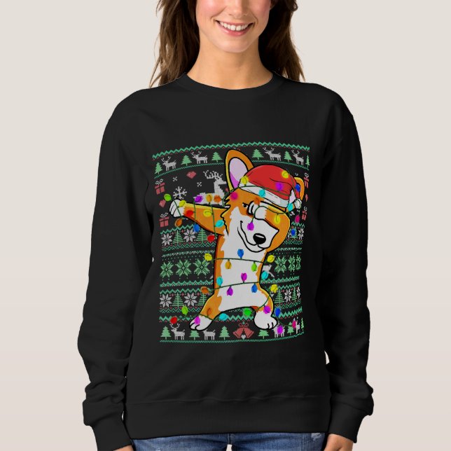 Dabbing Corgi Fairy Lights Ugly Christmas Sweater  (Front)