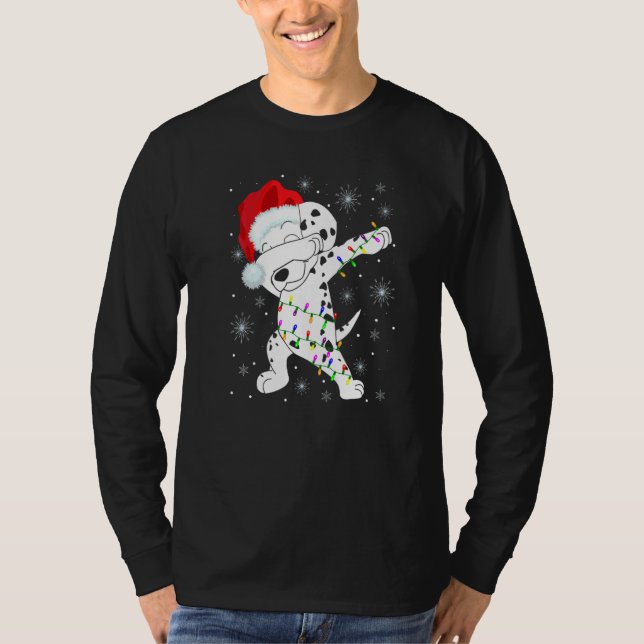 Dabbing Dalmatian Dog Wear Santa Hat Lights Christ T-Shirt (Front)